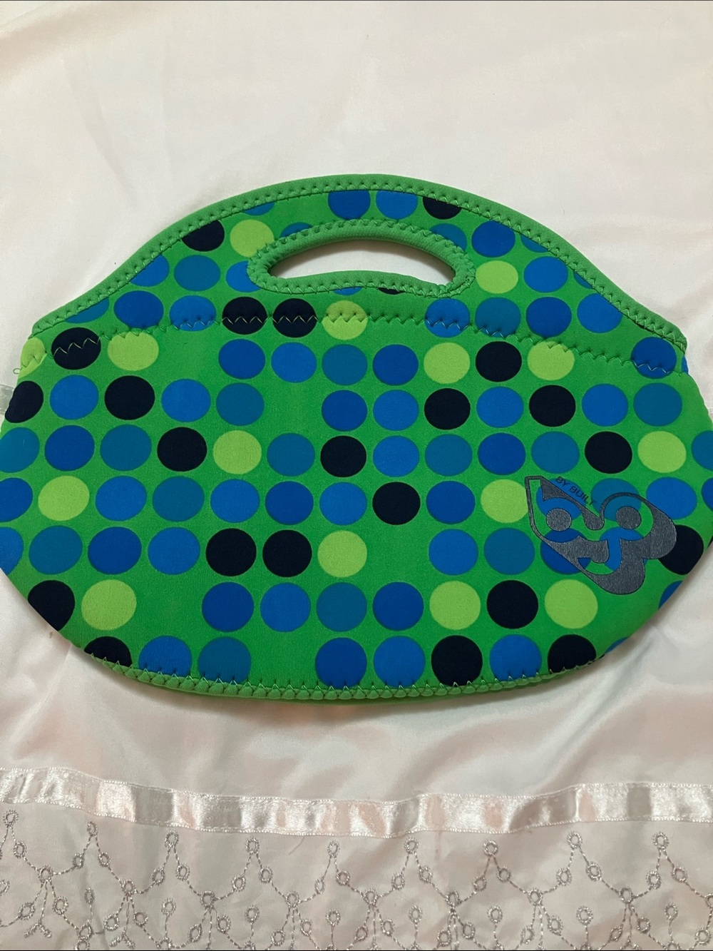Neoprene Dot Tote in Bright Green with Blue Accents